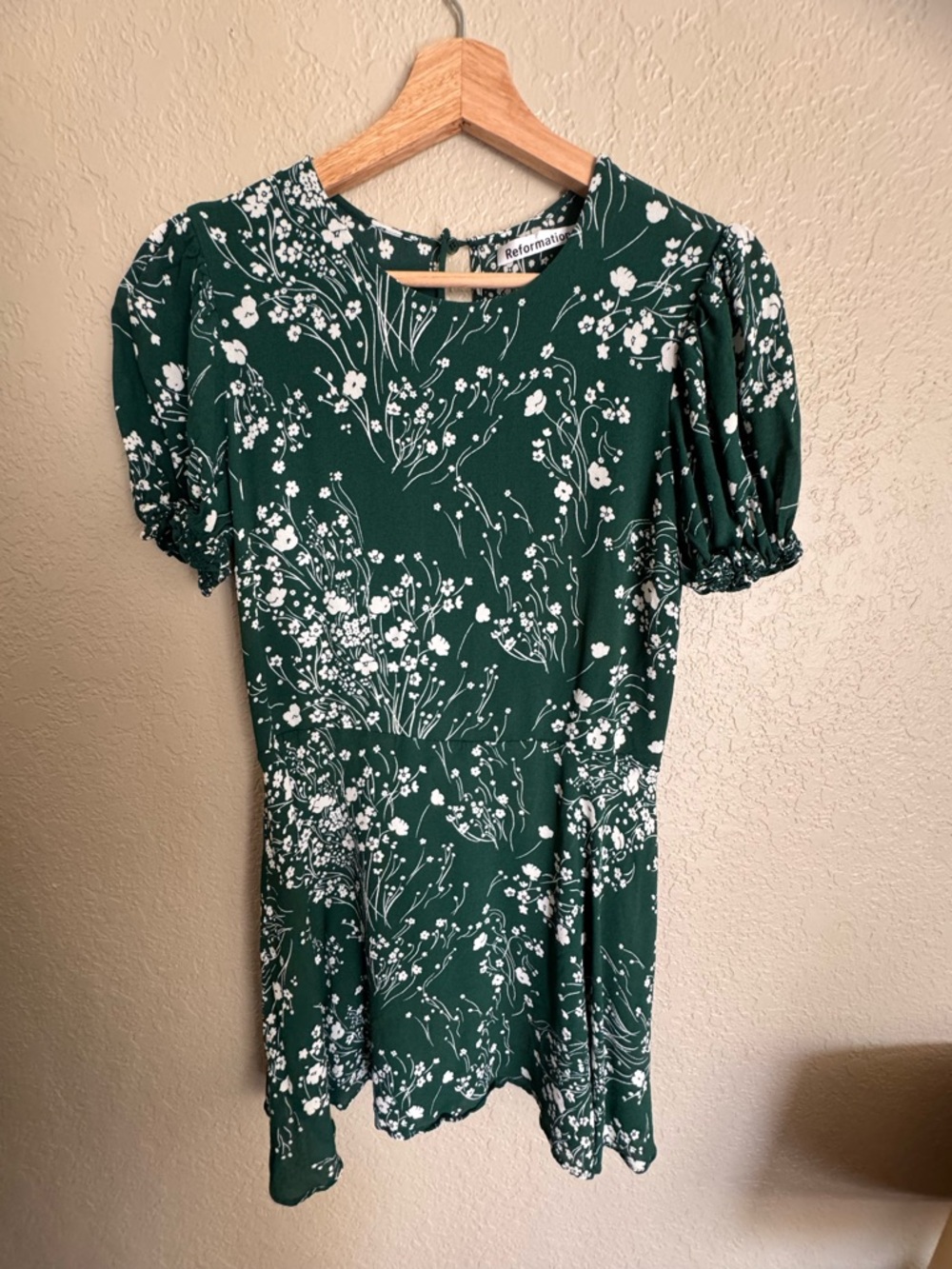 Reformation Dark Green Floral Puff-Sleeve Tunic